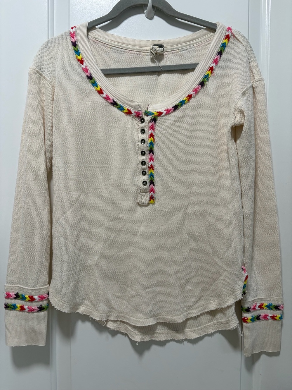 Free People We the Free size XS Thermal Knit Henley Top Rainbow Trim Boho Grunge